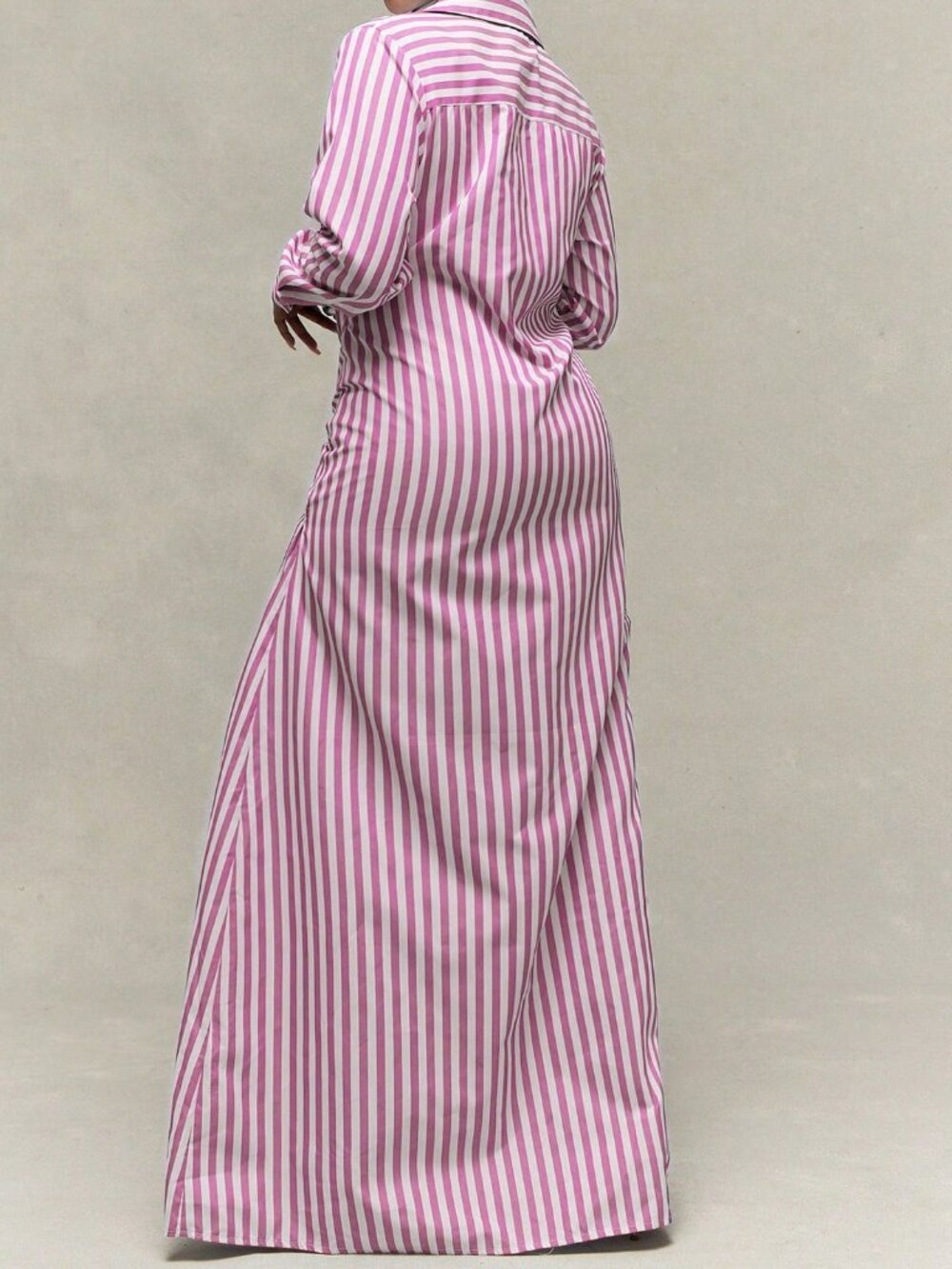 Pink Casual Women's Lightweight Woven Cinched Tie Waist Stripe Maxi Shirt Dress - Picture 2 of 5